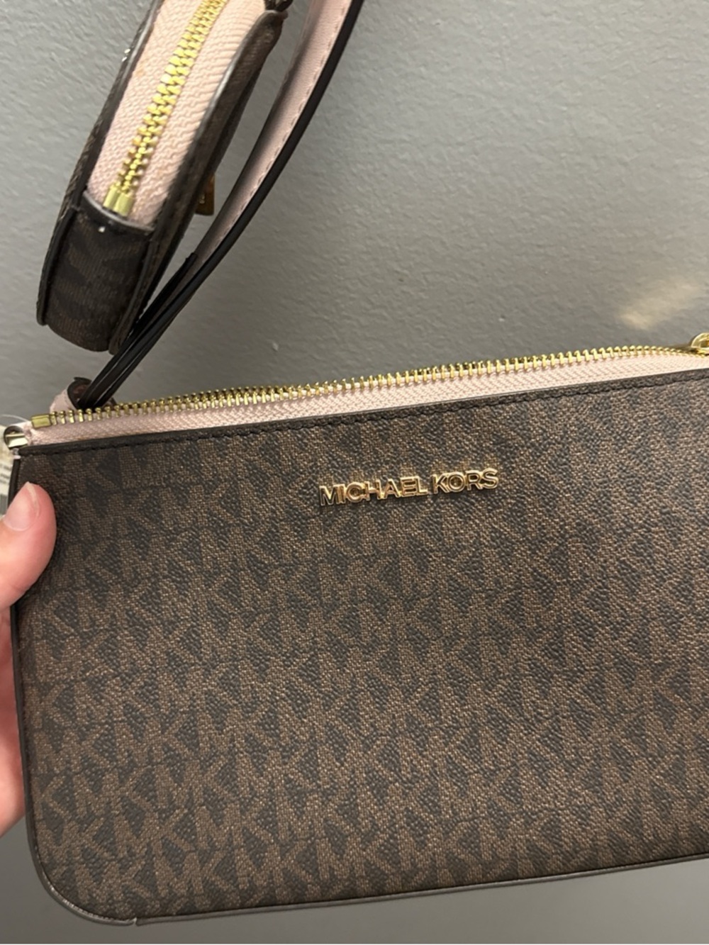 Michael Kors Brown and Cream Logo Crossbody Wristlet
